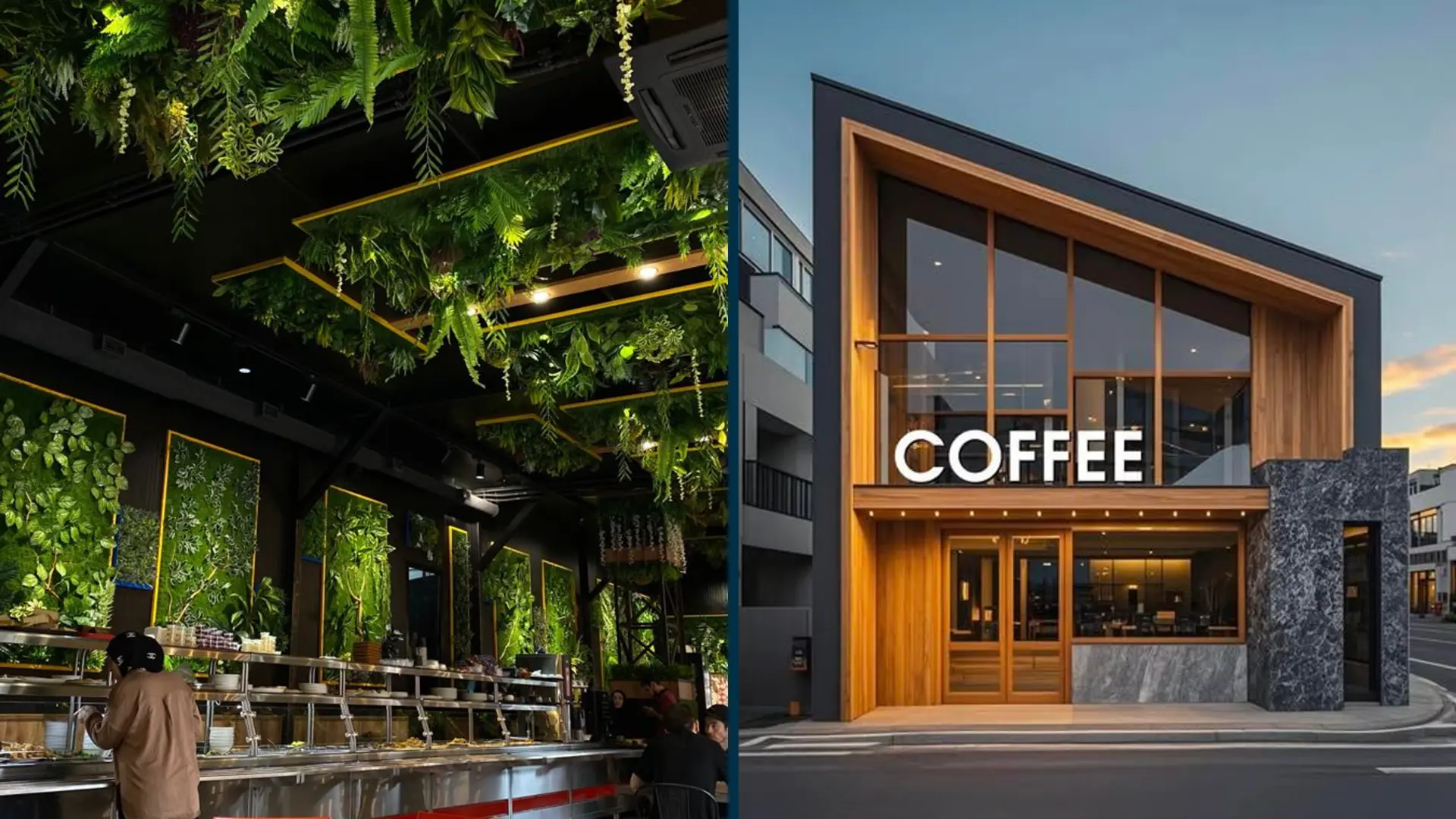 Green Wall Cafe & Coffee House — Biophilic interiors and timber-clad facade build, executed by Sempersol Infra