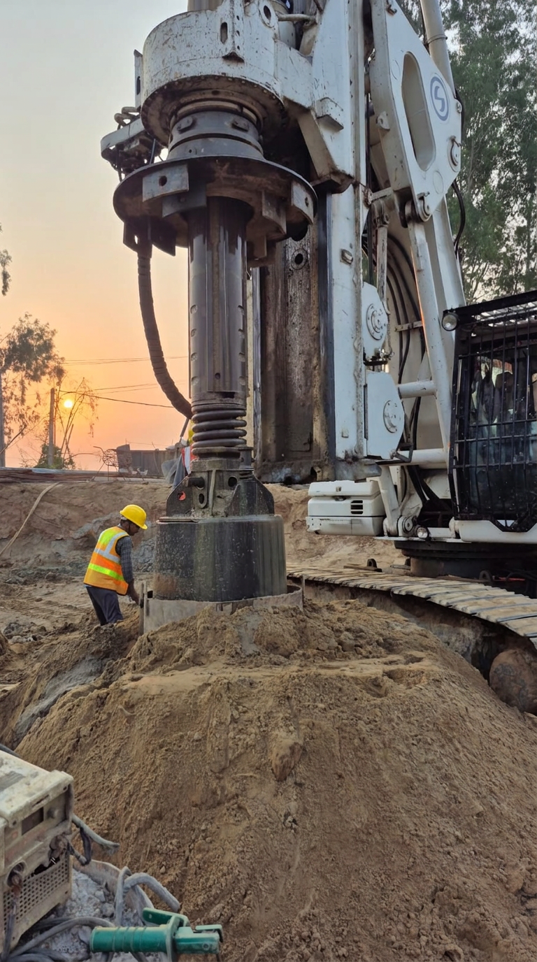 Rotary piling rig boring a foundation pile at a Sempersol site